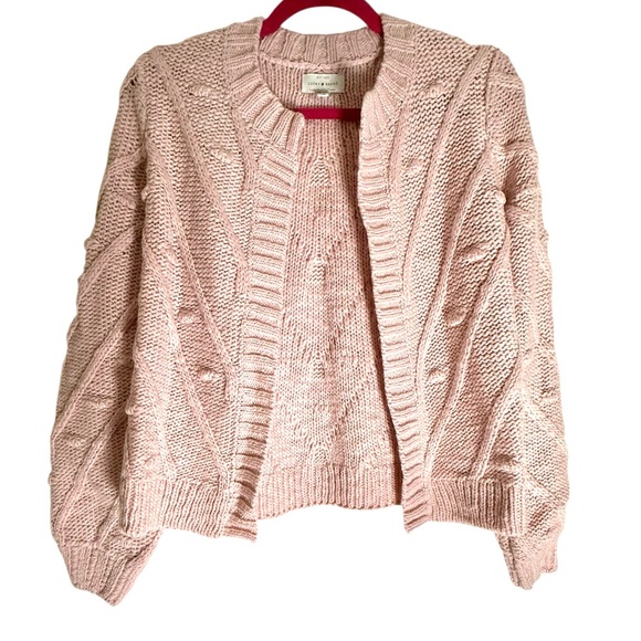 Lucky Brand Blush Pink Cable Knit Open Front Cardigan Sweater XS Cozy Chunky - Picture 2 of 5